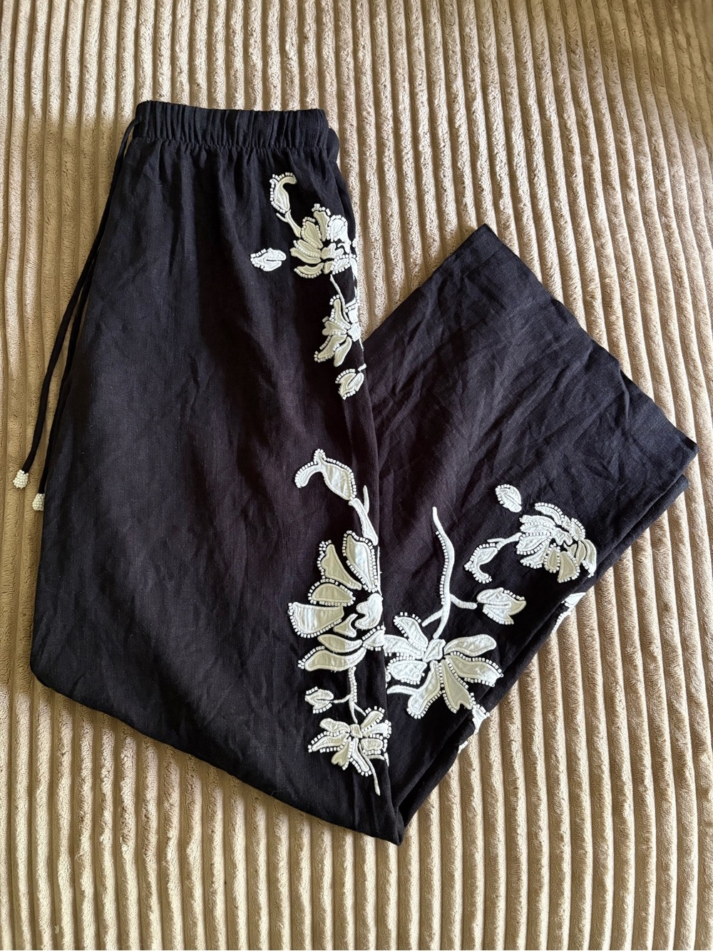 Zara Black Linen Pants with White Floral Embroidery